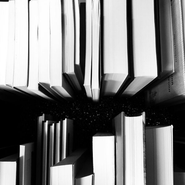 Black and white image of books