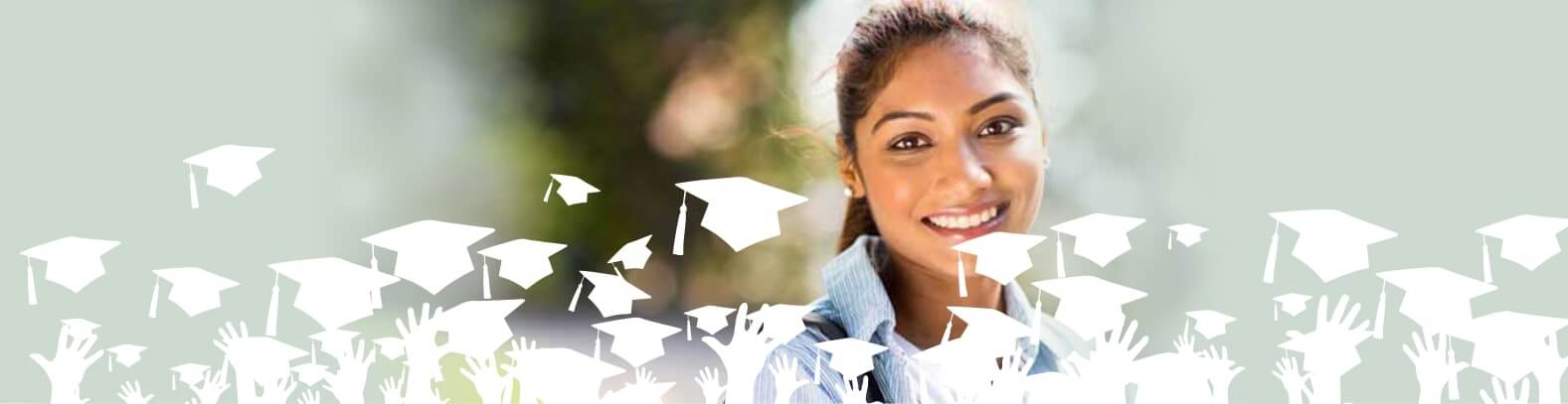 Smiling student overlayed by a white silhouette of throwing caps at graduation